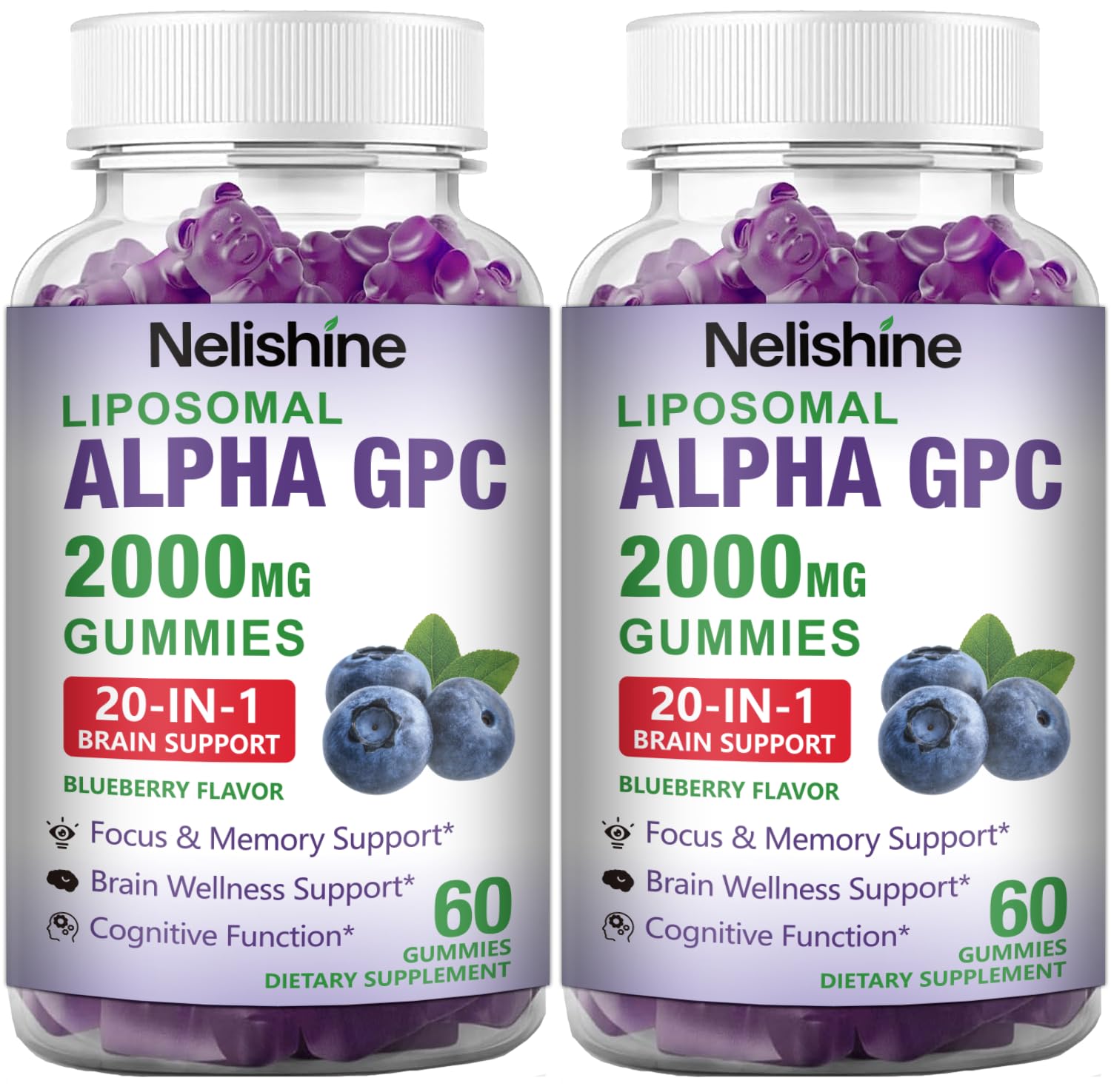 Nelishine liposomal Alpha GPC 2-pack bottle for focus and clarity