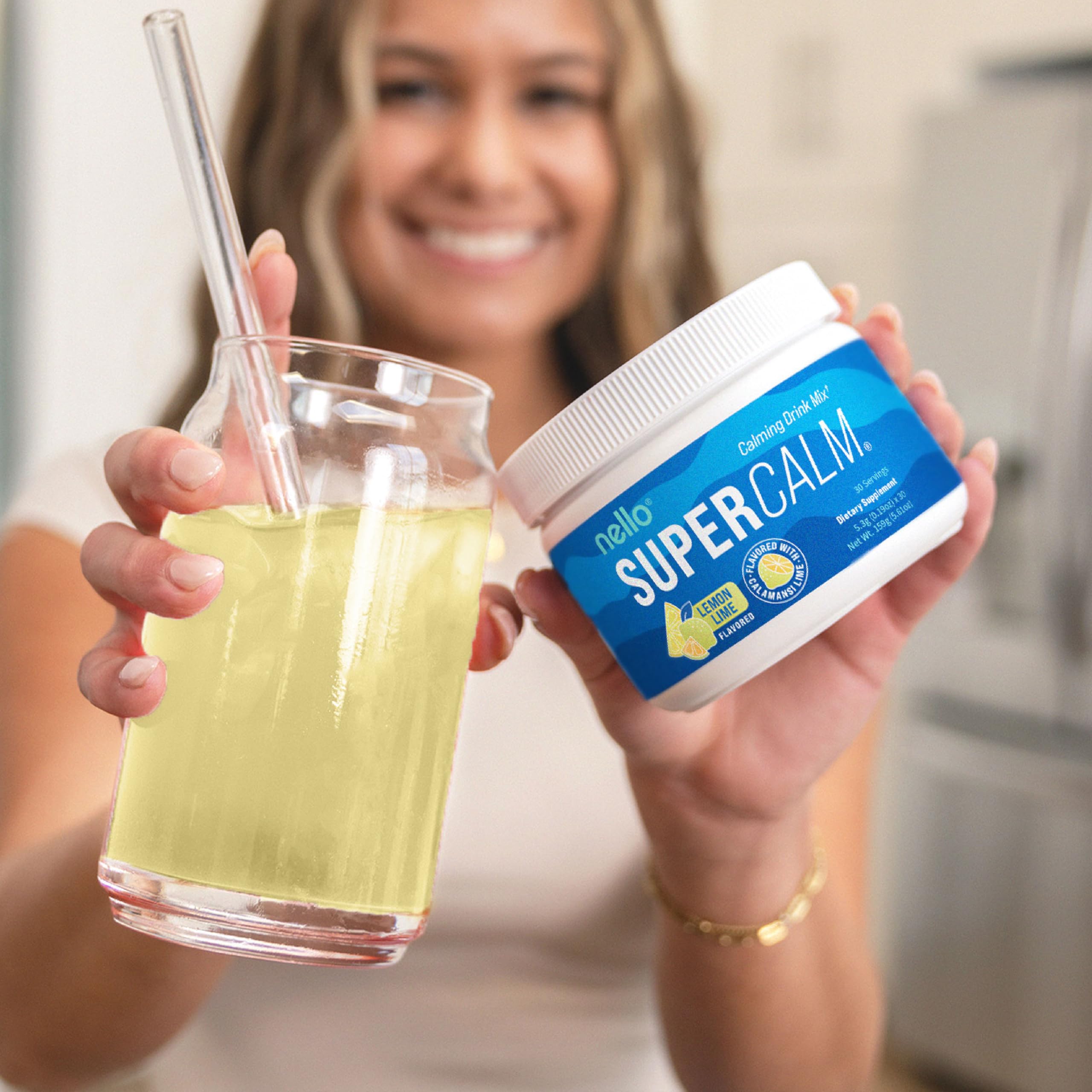 Nello SuperCalm bottle highlights Ashwagandha and L-theanine ingredients for balanced routines.
