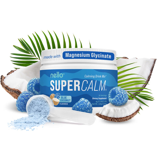 Nello SuperCalm blue coconut canister front view promoting calm focus