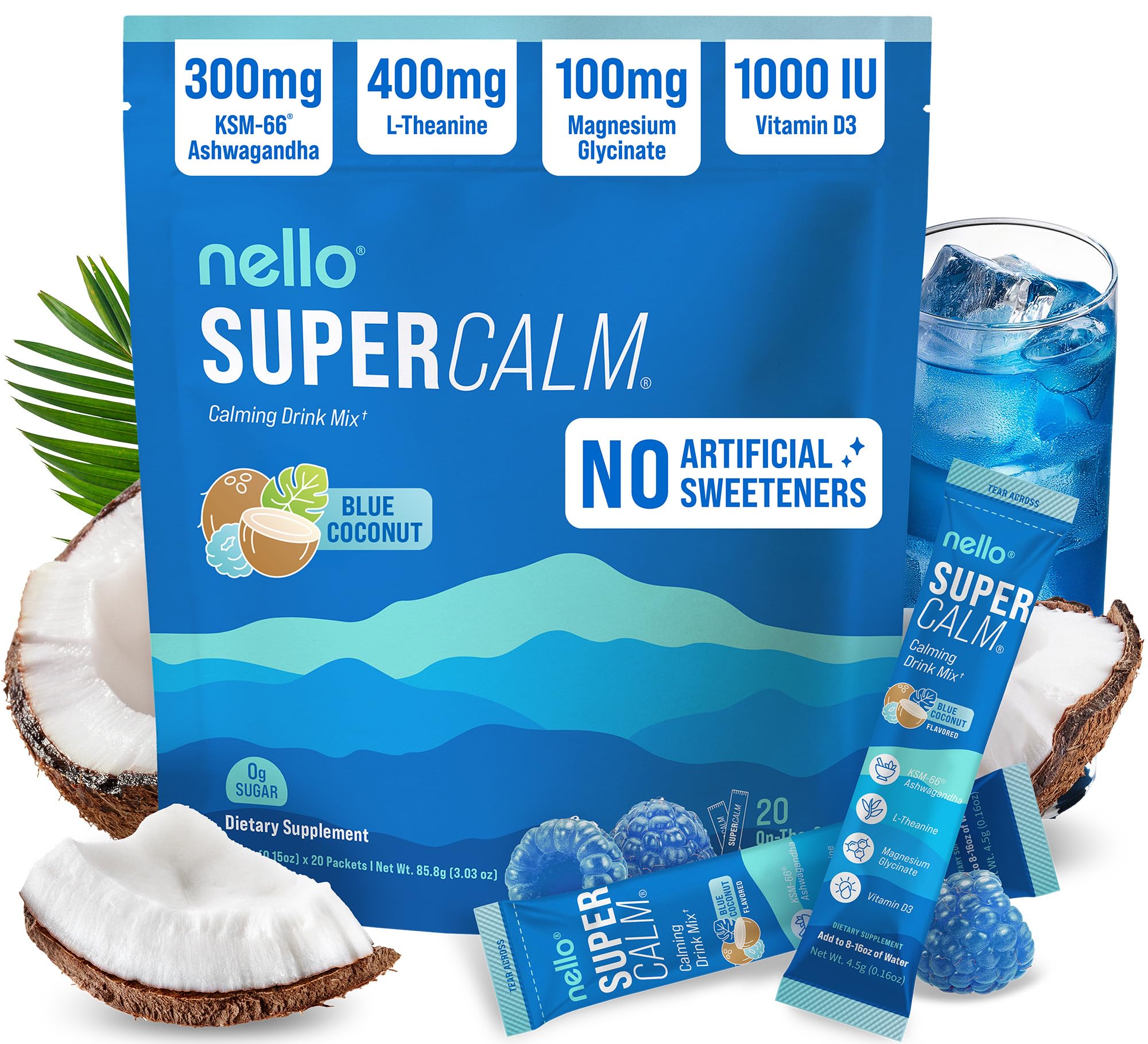 Nello SuperCalm blue coconut canister ready to mix for calm focus.