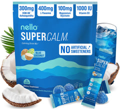 Nello SuperCalm blue coconut canister ready to mix for calm focus.