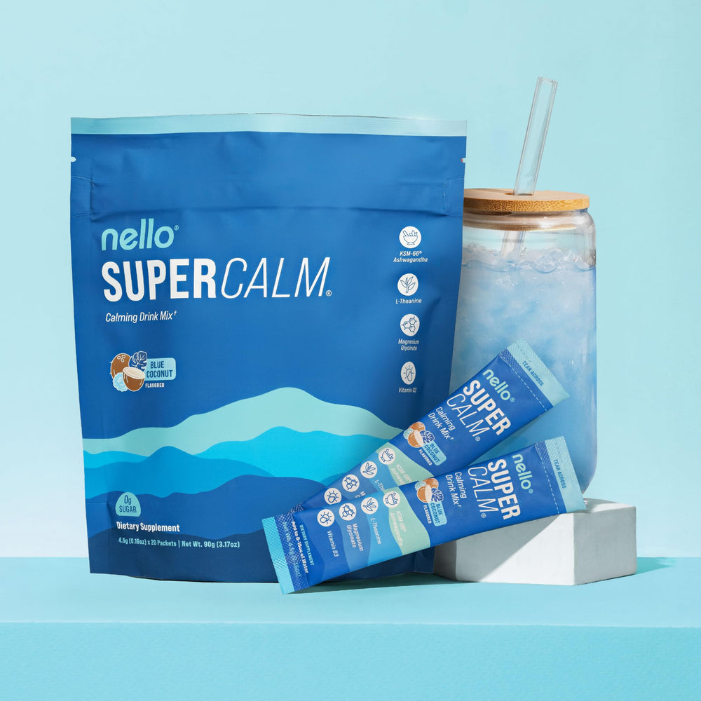Nello SuperCalm blue coconut drink ready to refresh after work.