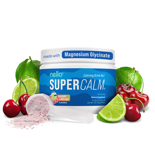 Nello Supercalm blue coconut powder canister on shelf for on the go relaxation