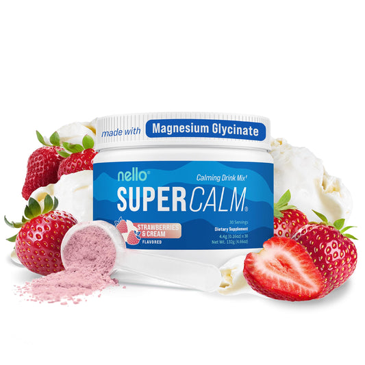 Nello Supercalm bottle front showing a relaxing routine with strawberries and cream flavor