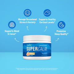 Nello SuperCalm ingredients panel highlighting L-Theanine and Ashwagandha for balance.