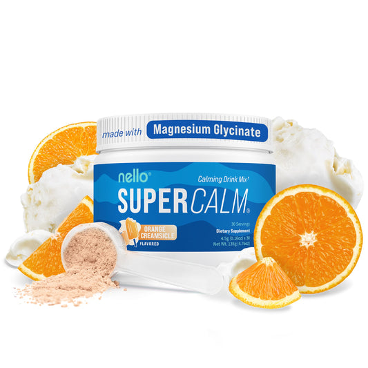Nello Supercalm orange creamsicle powder tub for daily relaxation and focus.
