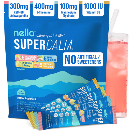 Nello SuperCalm raspberry lemonade packets for on-the-go relaxation.
