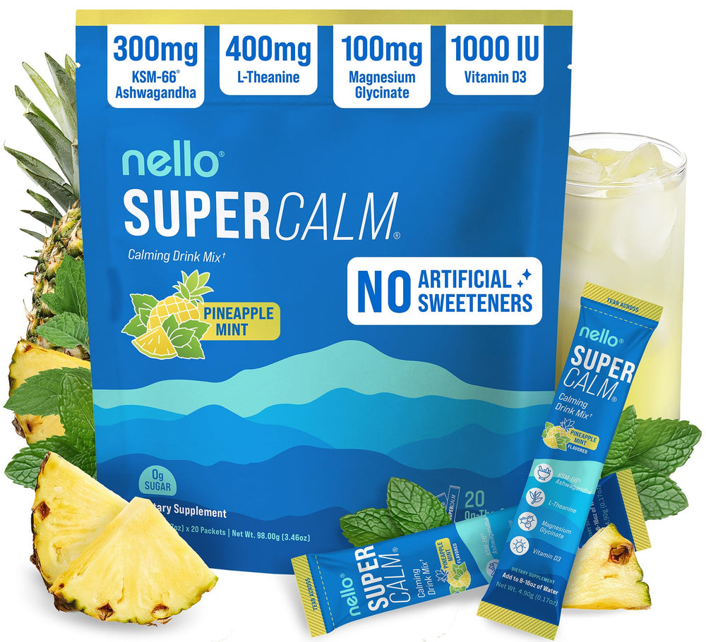 Nello Supercalm pineapple mint on-the-go packet for quick relaxation and focus.