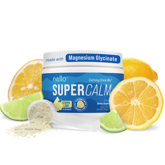 Nello SuperCalm powder tub front shows Lemon Lime flavor and on-the-go calm support.