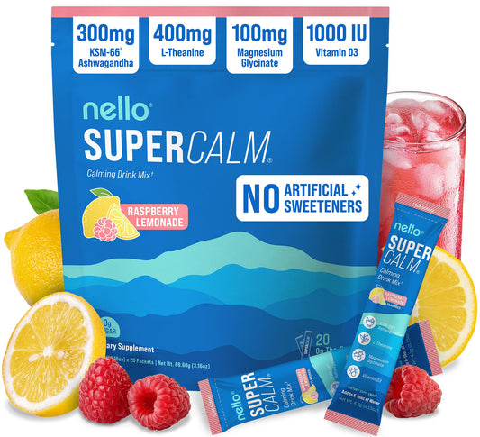 Nello SuperCalm raspberry lemonade packets for on-the-go relaxation and focus.