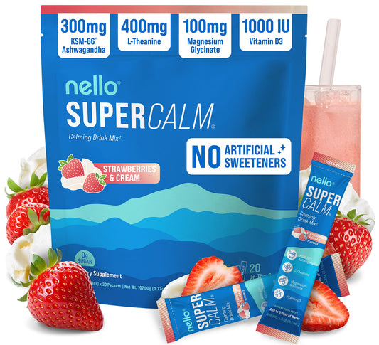 Nello Supercalm packets with strawberries-cream flavor for on-the-go calm and focus.