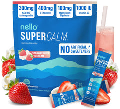 Nello Supercalm packets with strawberries-cream flavor for on-the-go calm and focus.