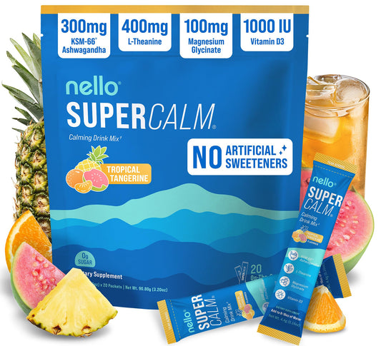 Nello SuperCalm tropical tangerine packet for on-the-go calm and focus.