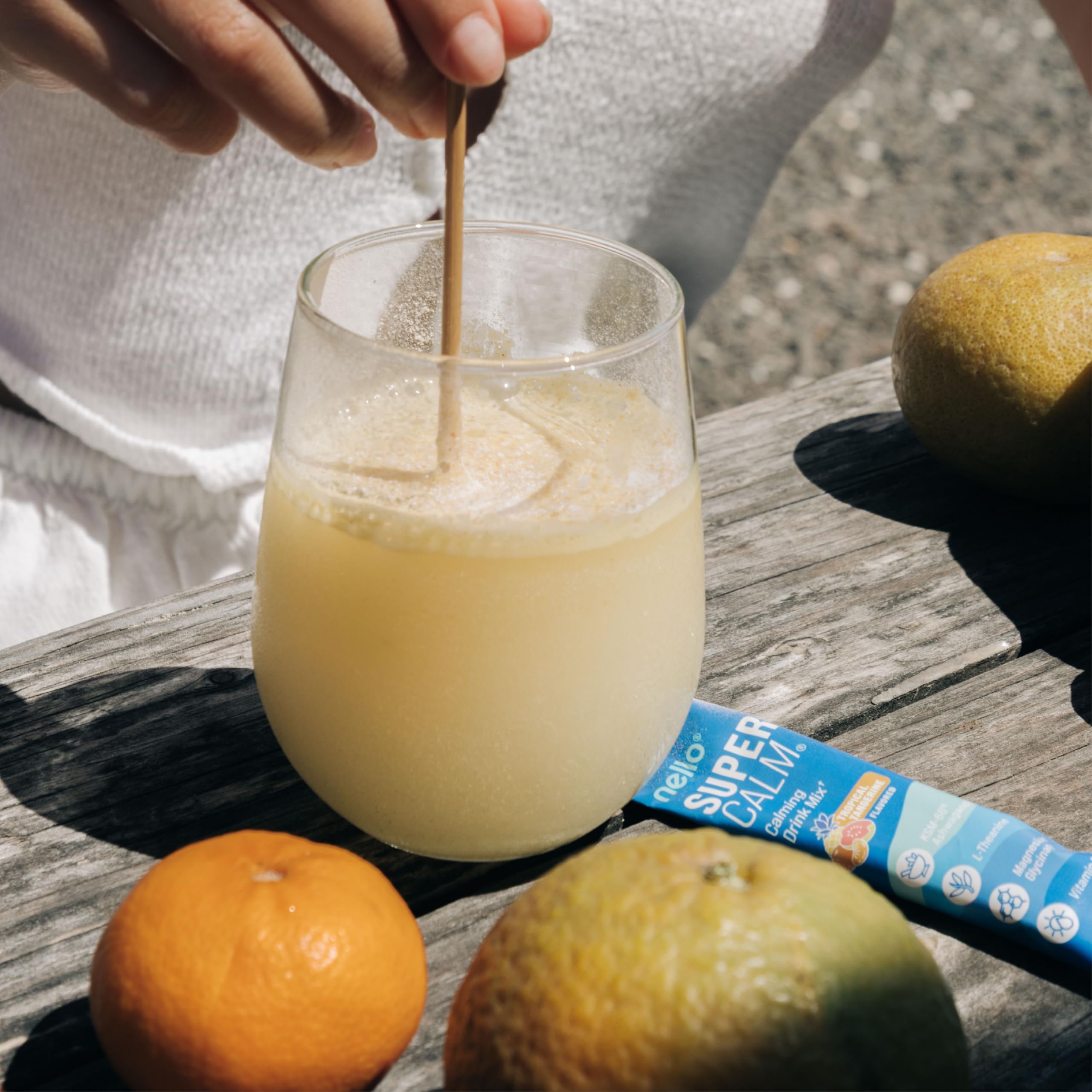 Nello SuperCalm vitamin D3 bottle highlighting daily wellness routine.