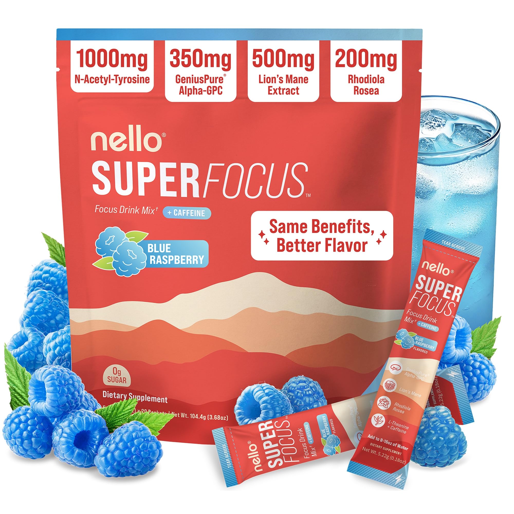 Nello Superfocus blue raspberry label front showing sugar-free focus energy