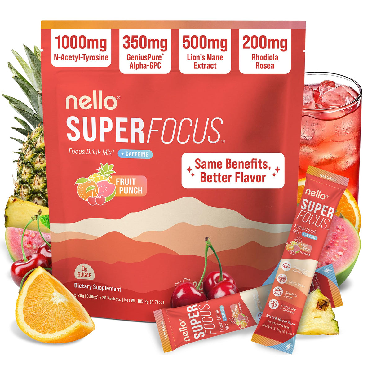 Nello Superfocus packaging for fruit punch boosts on-the-go productivity during busy workdays.