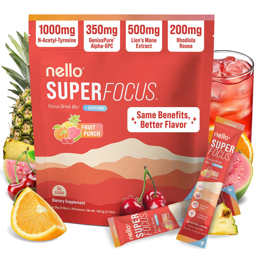 Nello Superfocus packaging for fruit punch boosts on-the-go productivity during busy workdays.