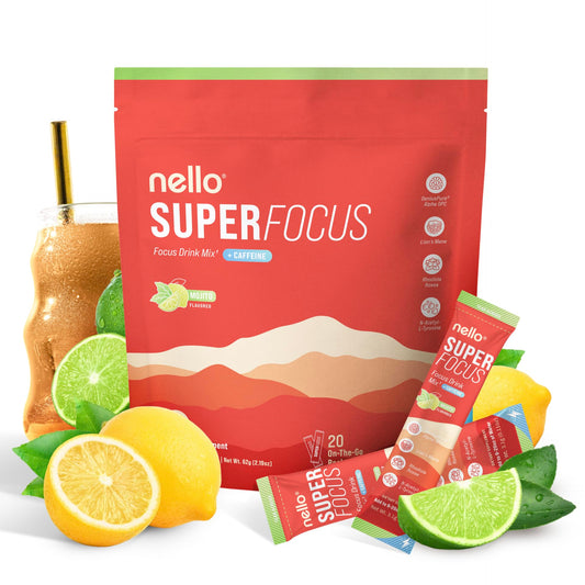 Nello Superfocus Mojito packet closeup for sugar-free energy during study sessions.
