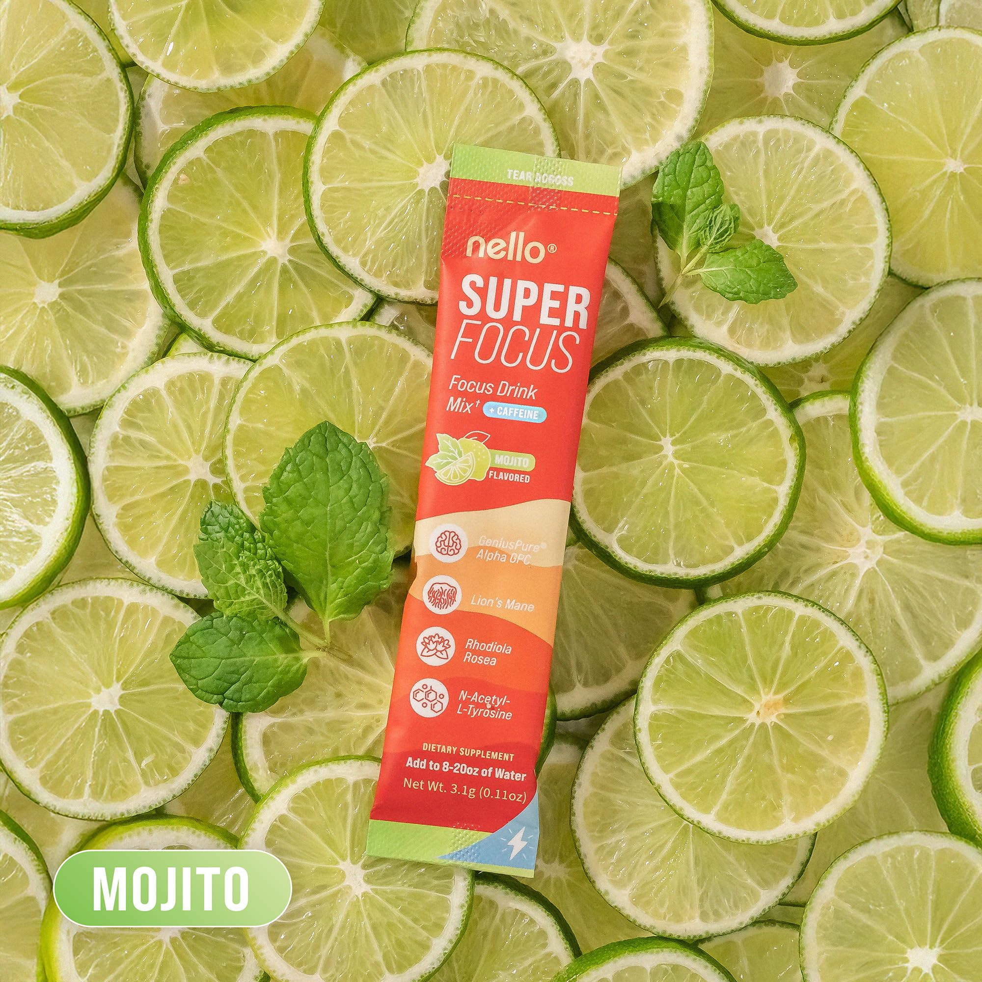 Nello Superfocus Mojito packets ready on desk for quick focus breaks.