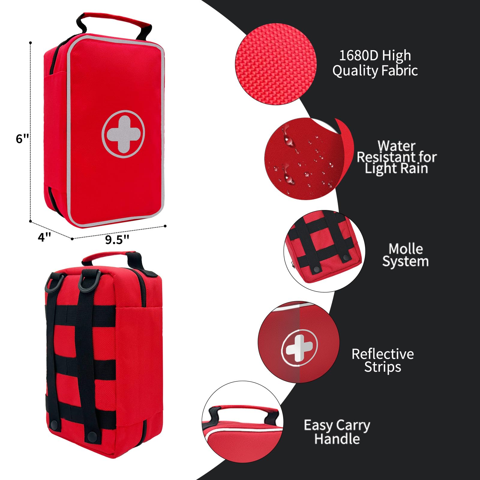 NENYX compact first aid kit shows 9.5 by 6 by 4 inches in size.