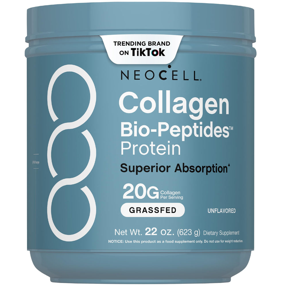 NeoCell Collagen Bio-Peptides powder bottle highlighting hair, skin, and nails support.