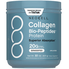 NeoCell Collagen Bio-Peptides powder bottle highlighting hair, skin, and nails support.