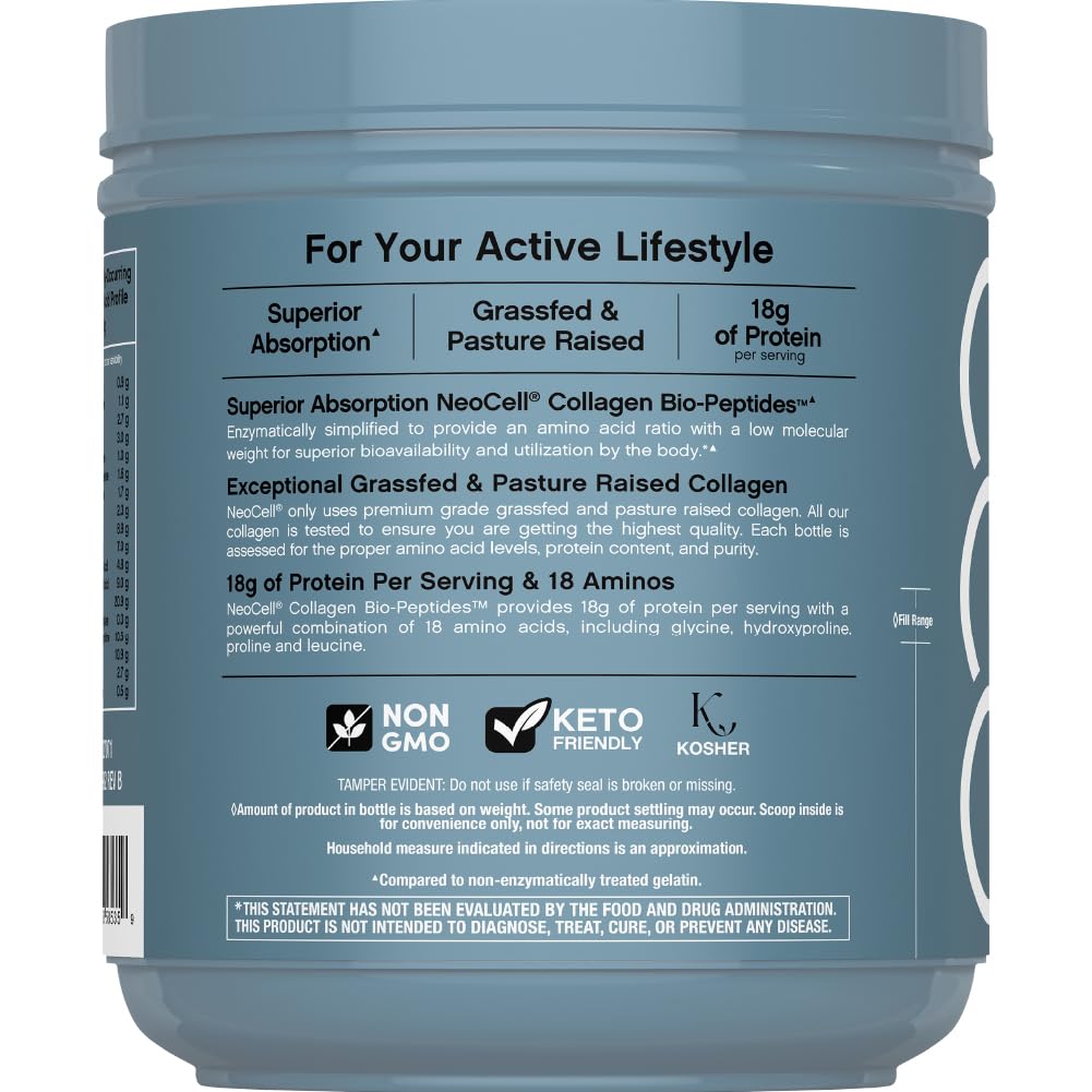 NeoCell Collagen Bio-Peptides powder stirred into tea for smoother mornings.