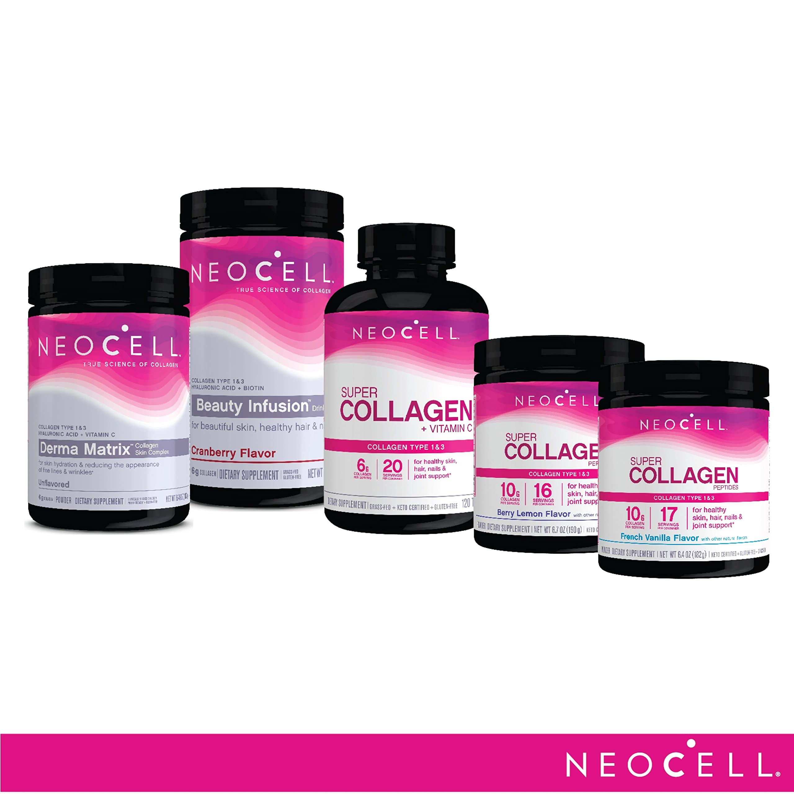 NeoCell cranberry-flavored powder with biotin and hyaluronic acid for hair and skin.