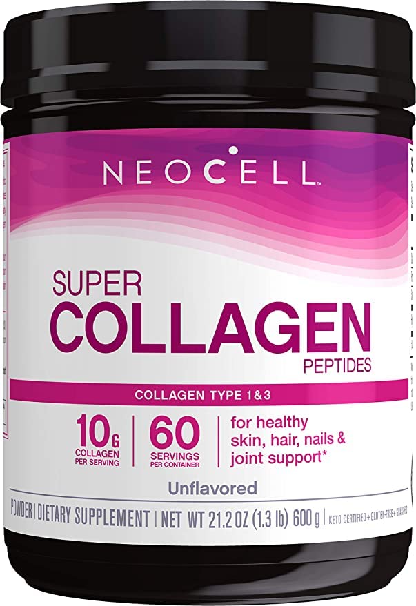 NeoCell grass-fed collagen peptides powder jar—unflavored, easy to mix into drinks for hair, skin, and nails.