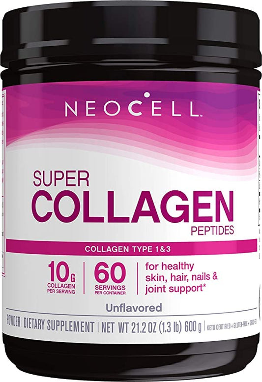 NeoCell grass-fed collagen peptides powder jar—unflavored, easy to mix into drinks for hair, skin, and nails.
