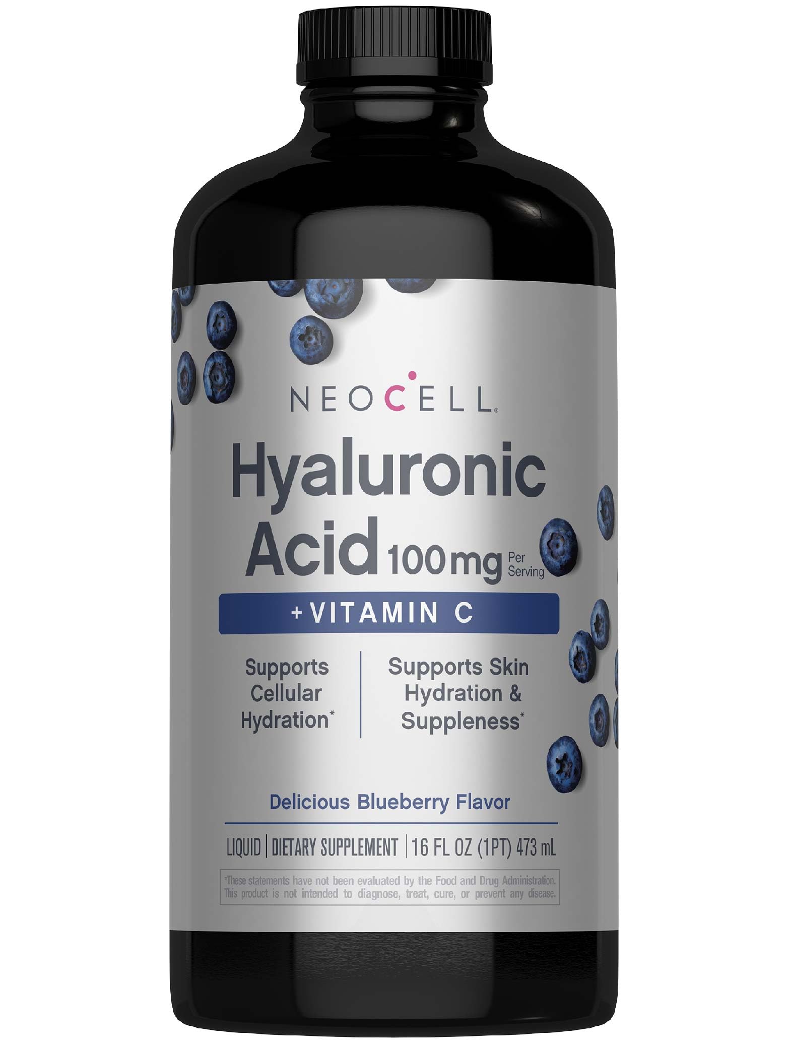NeoCell Hyaluronic Acid Berry Liquid bottle on countertop supports daily skin hydration.