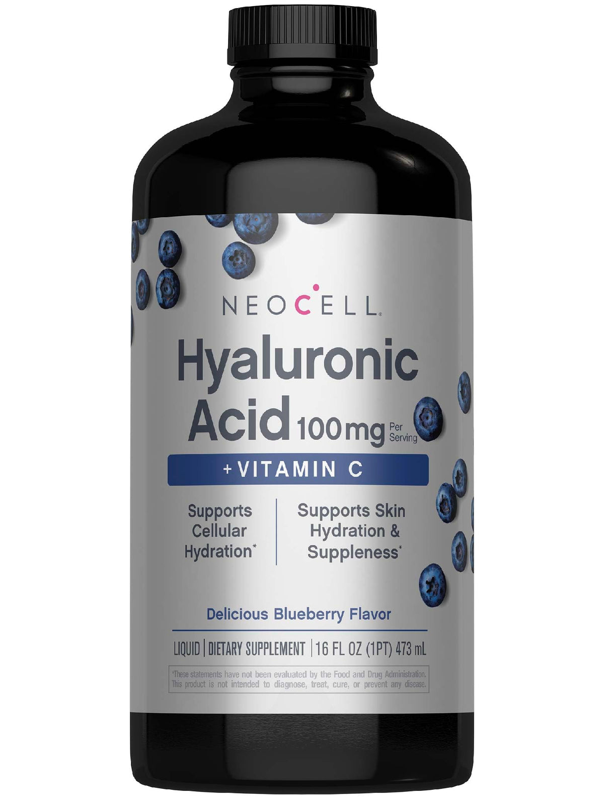 NeoCell Hyaluronic Acid Berry Liquid bottle on countertop supports daily skin hydration.