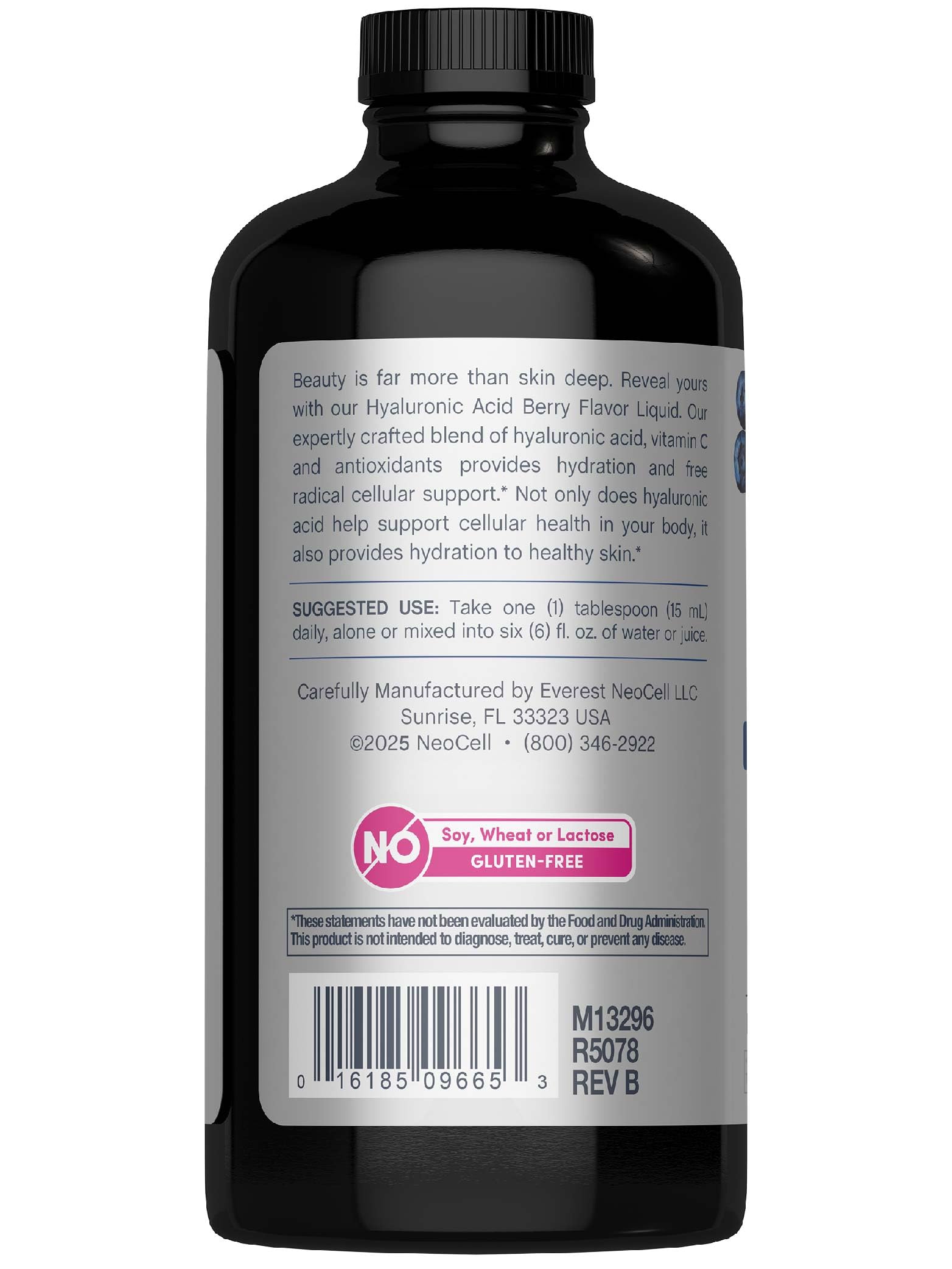 NeoCell Hyaluronic Acid Berry Liquid in a glass highlights hydration and blueberry flavor.