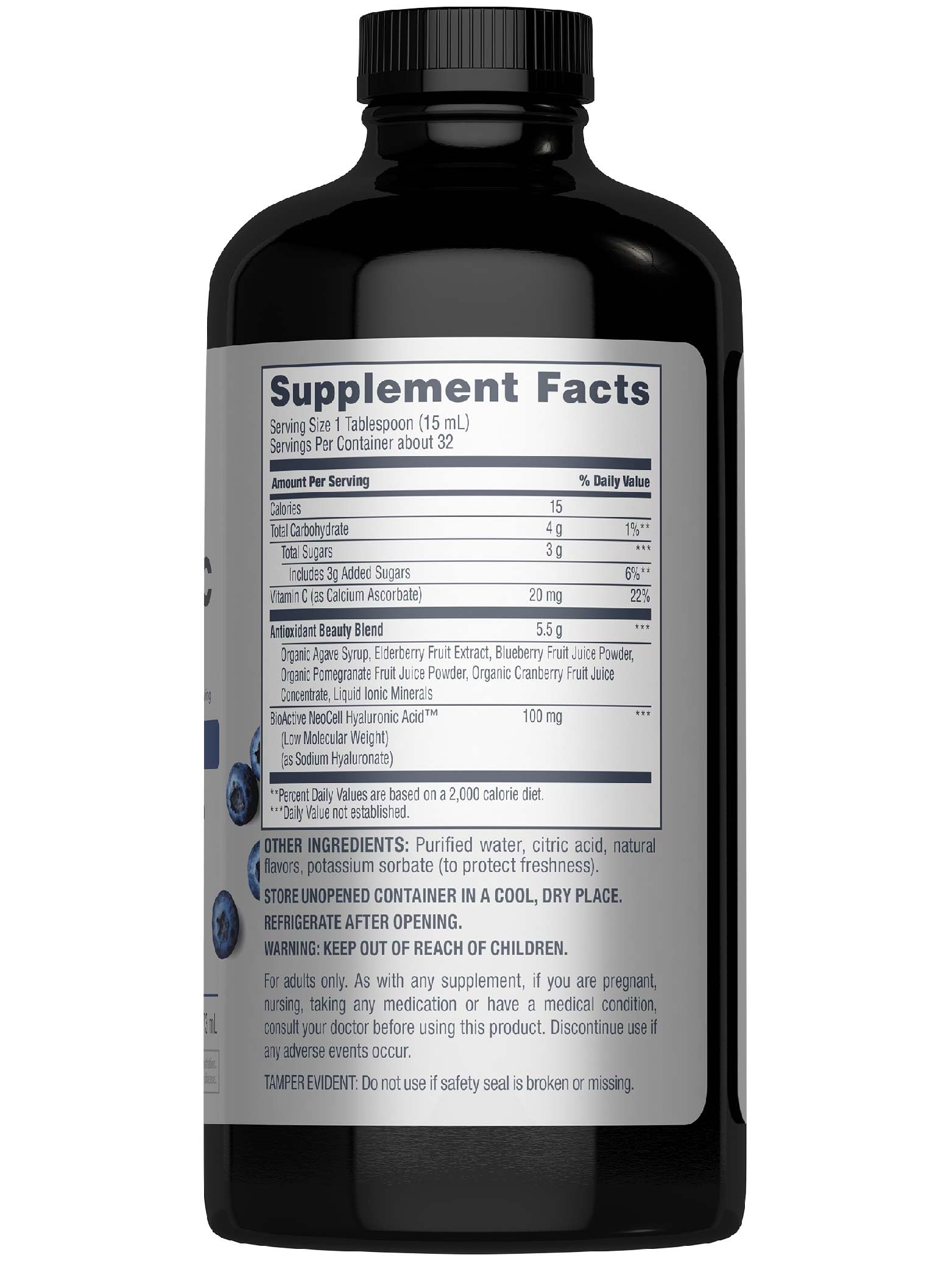 NeoCell Hyaluronic Acid Berry Liquid being poured for easy daily intake.