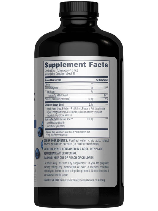 NeoCell Hyaluronic Acid Berry Liquid being poured for easy daily intake.