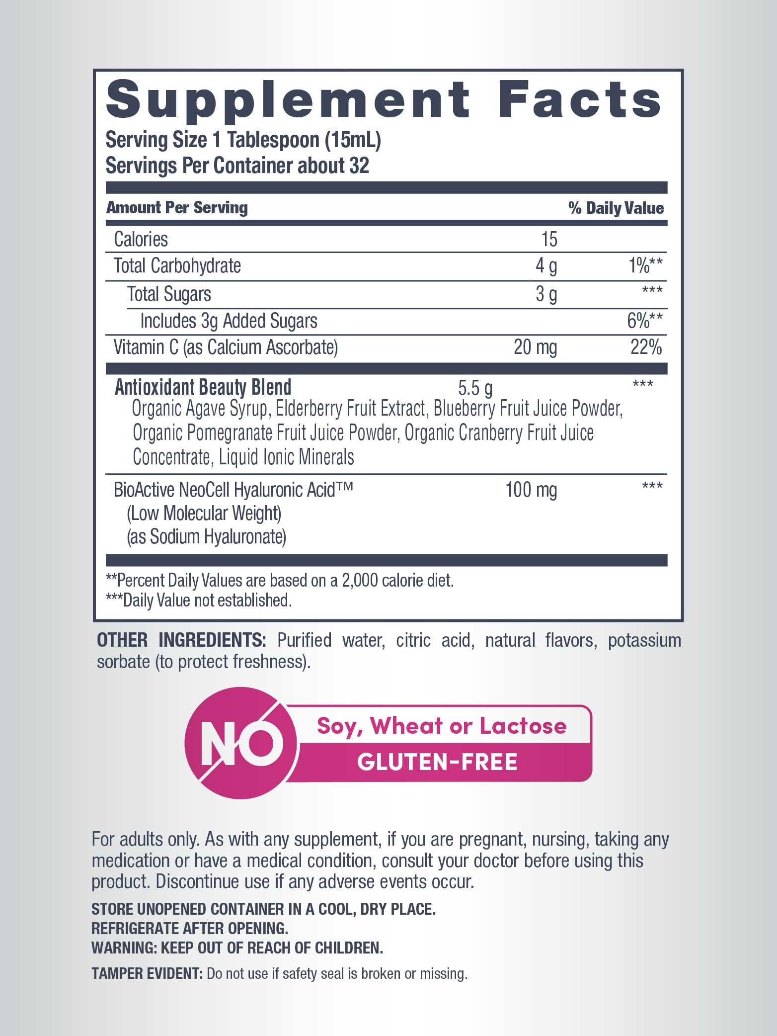 NeoCell Hyaluronic Acid Berry Liquid with measuring spoon suggests simple dosage.