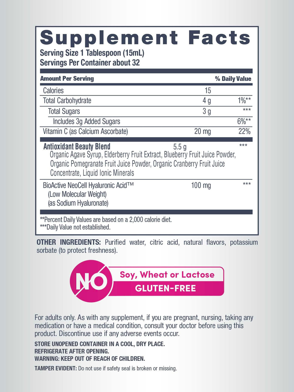 NeoCell Hyaluronic Acid Berry Liquid with measuring spoon suggests simple dosage.