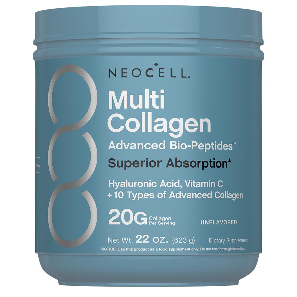 NeoCell Multi Collagen bottle shows 10 types for skin and hair support.