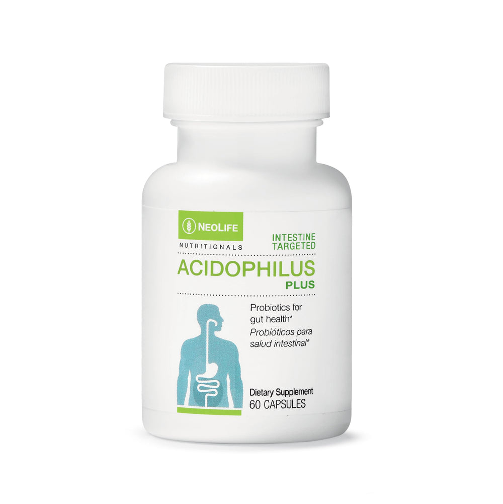 NeoLife Acidophilus Plus bottle front showing probiotic blend for gut balance