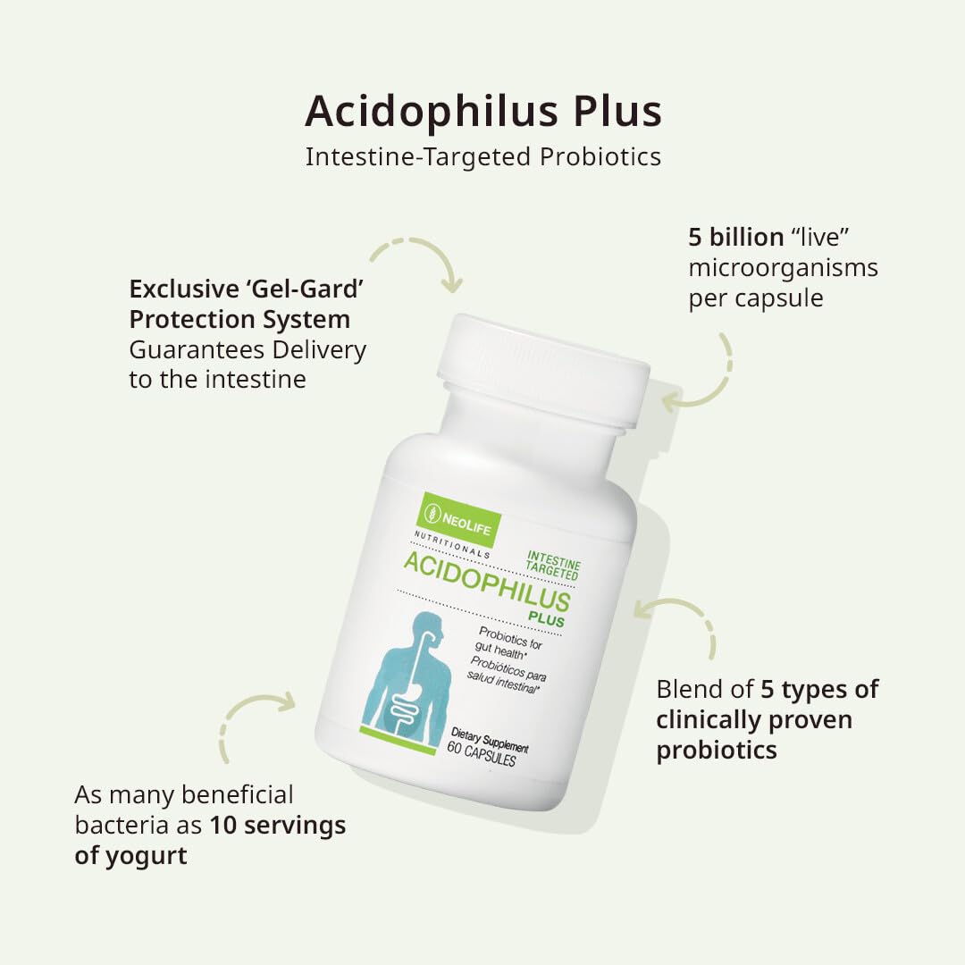 NeoLife Acidophilus Plus bottle nutrition label with CFU information