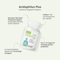 NeoLife Acidophilus Plus bottle nutrition label with CFU information