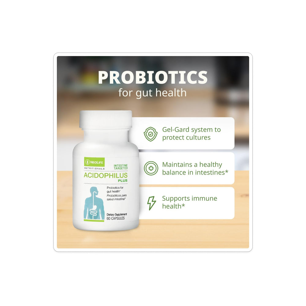 NeoLife Acidophilus Plus capsule closeup highlighting daily probiotic use