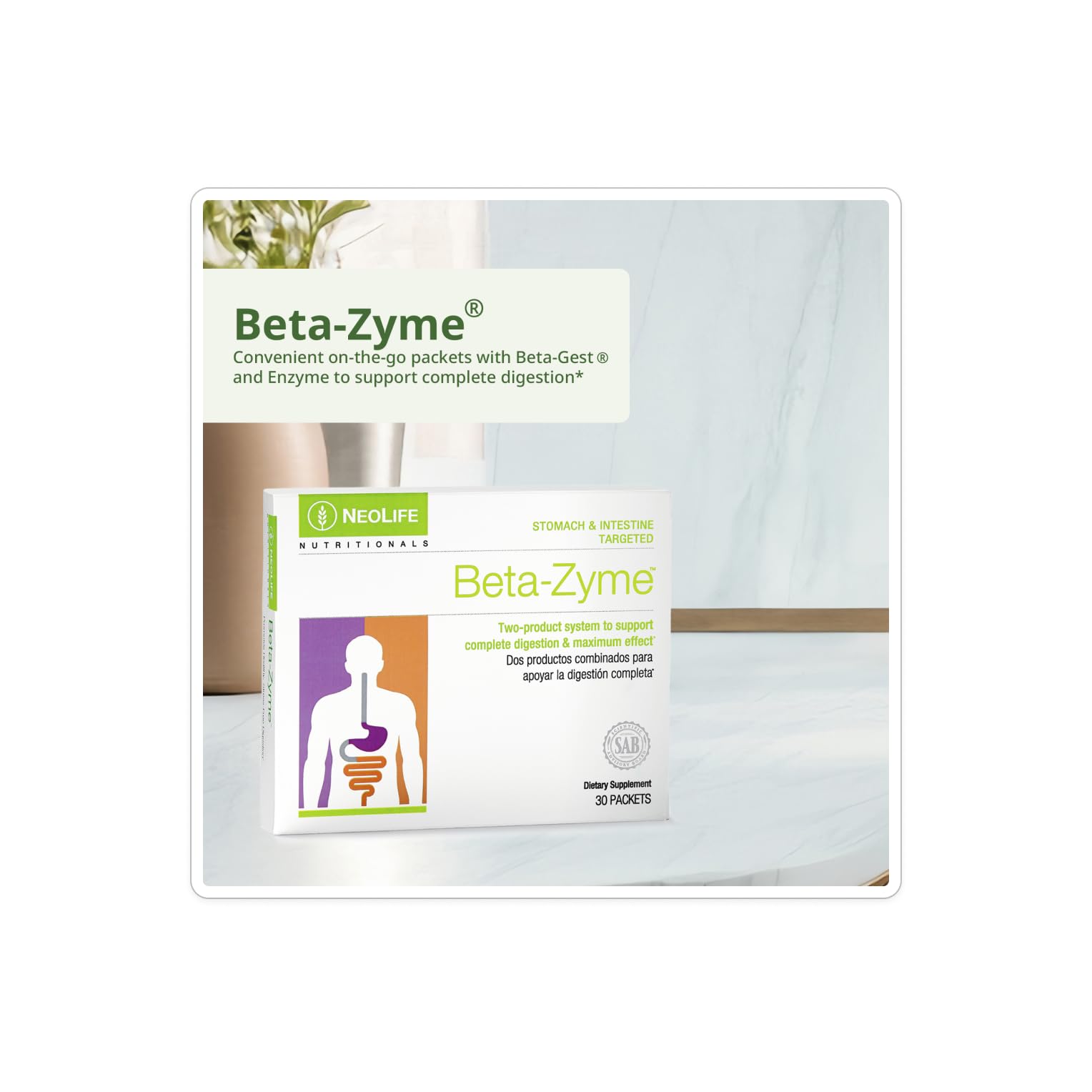 NeoLife Beta-Zyme tablets showing dual-action delivery in stomach and intestine.