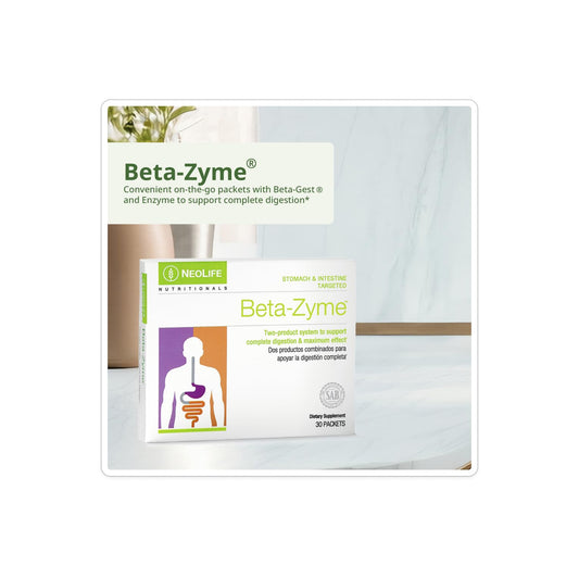 NeoLife Beta-Zyme tablets showing dual-action delivery in stomach and intestine.