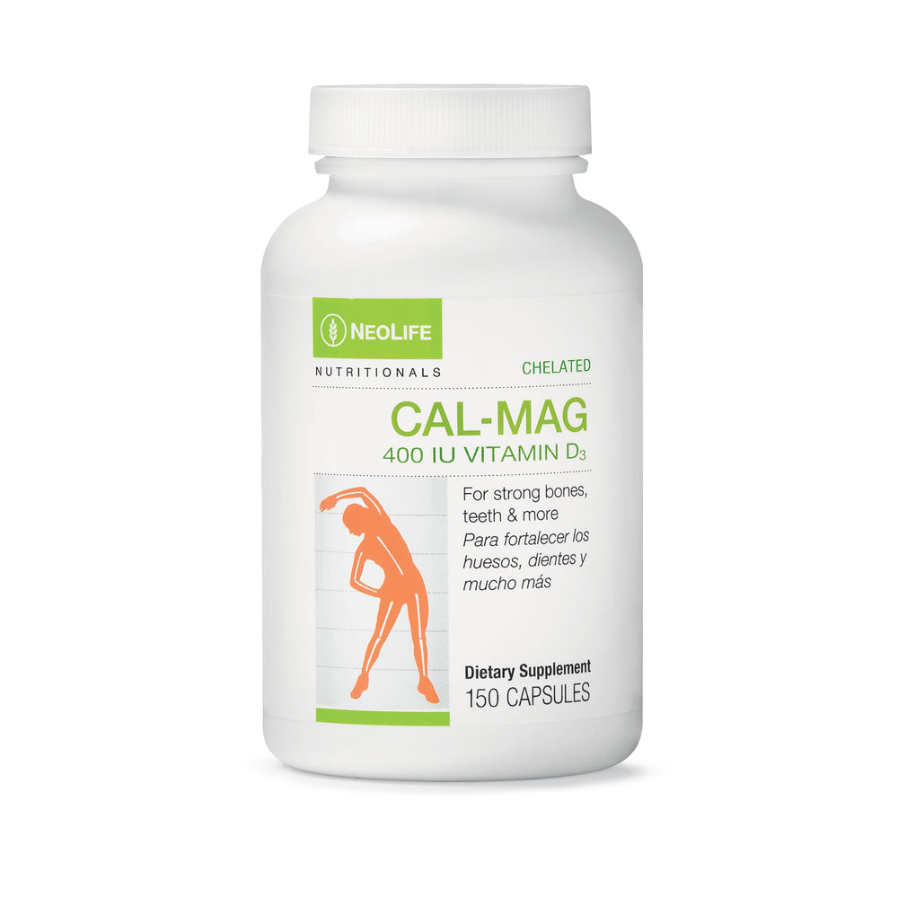 NeoLife Chelated Cal-Mag softgel bottle on shelf to support daily bone vitality.