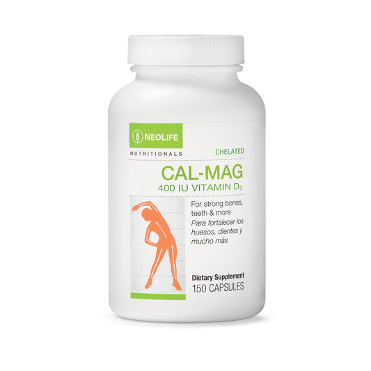 NeoLife Chelated Cal-Mag softgel bottle on shelf to support daily bone vitality.