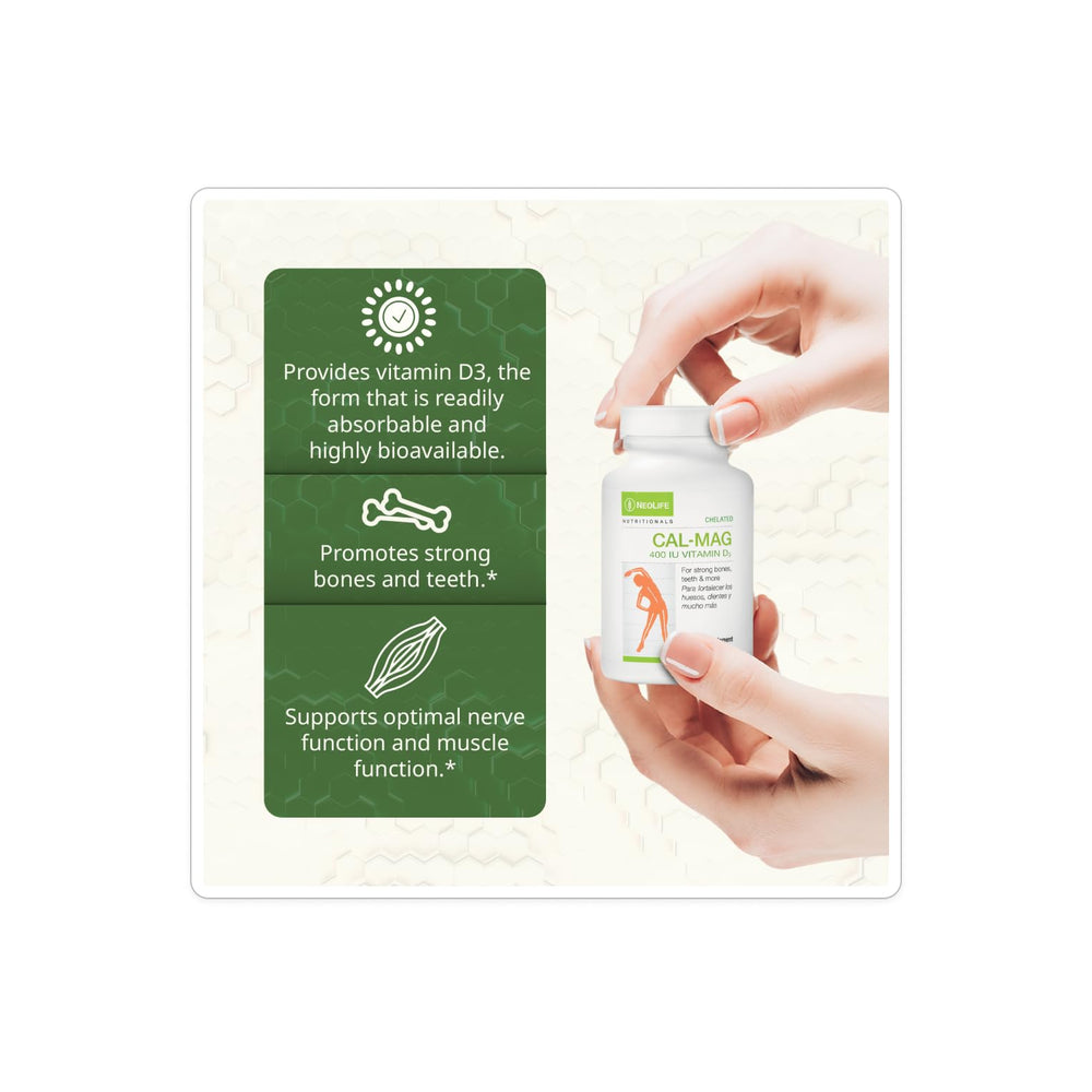 NeoLife Cal-Mag with D3 400 IU dosage promoting balanced minerals.