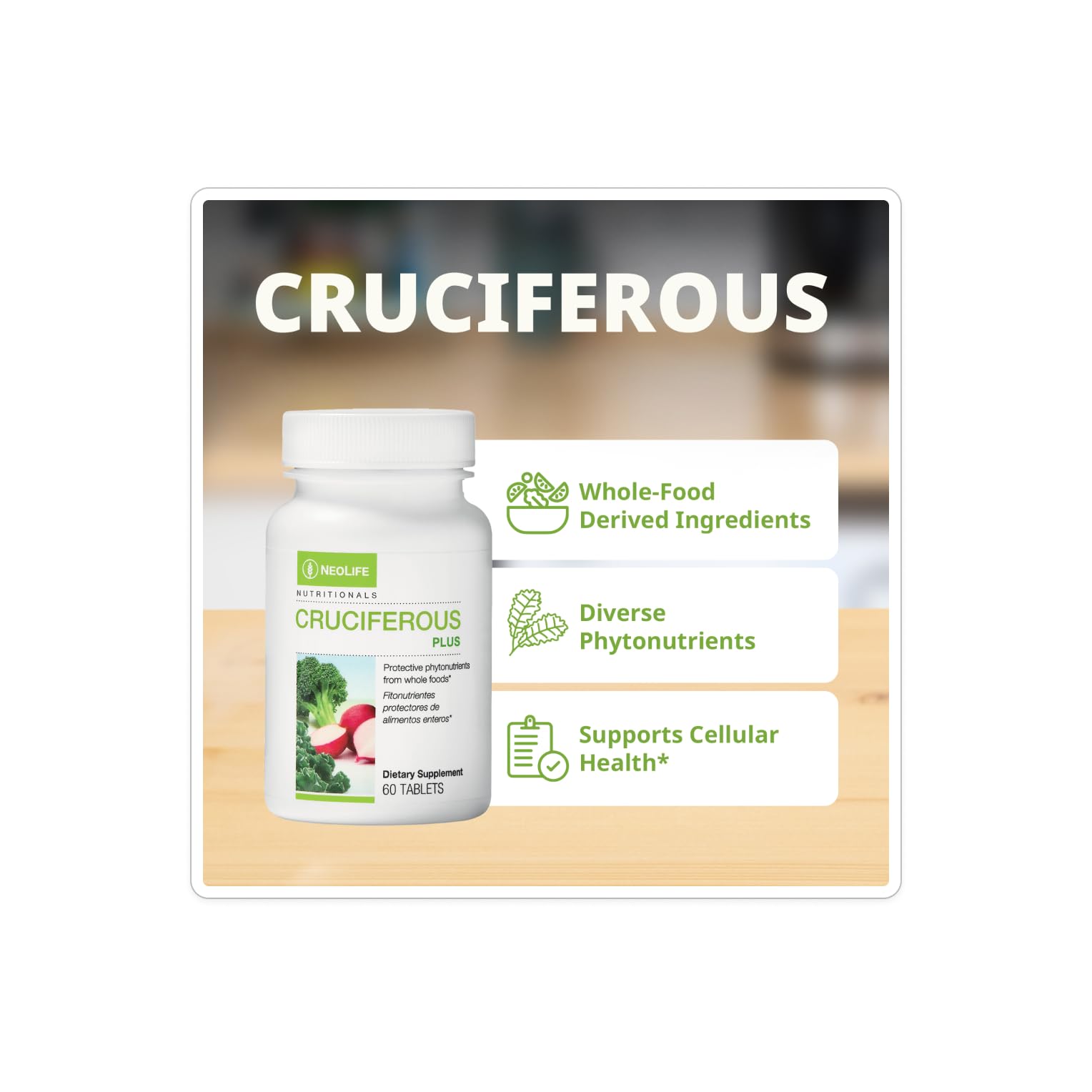 NeoLife Cruciferous Plus broccoli and greens imagery highlights plant-based nutrient support.