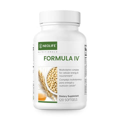 NeoLife Formula IV softgel bottle highlights a complete daily multivitamin for balanced nutrition.