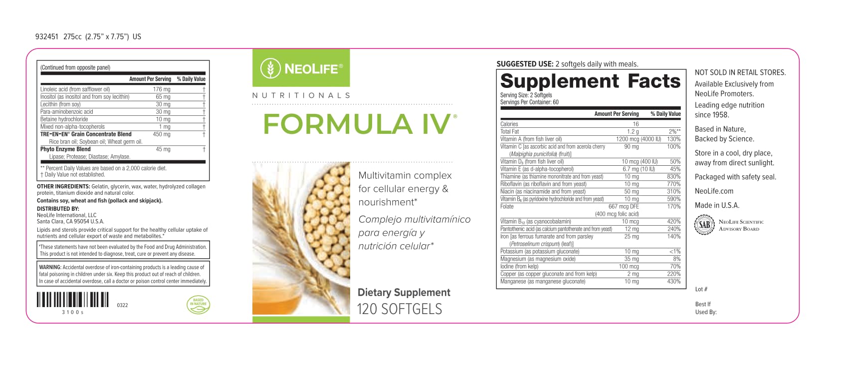 NeoLife Formula IV softgel daily dosage promotes a simple routine with meals.